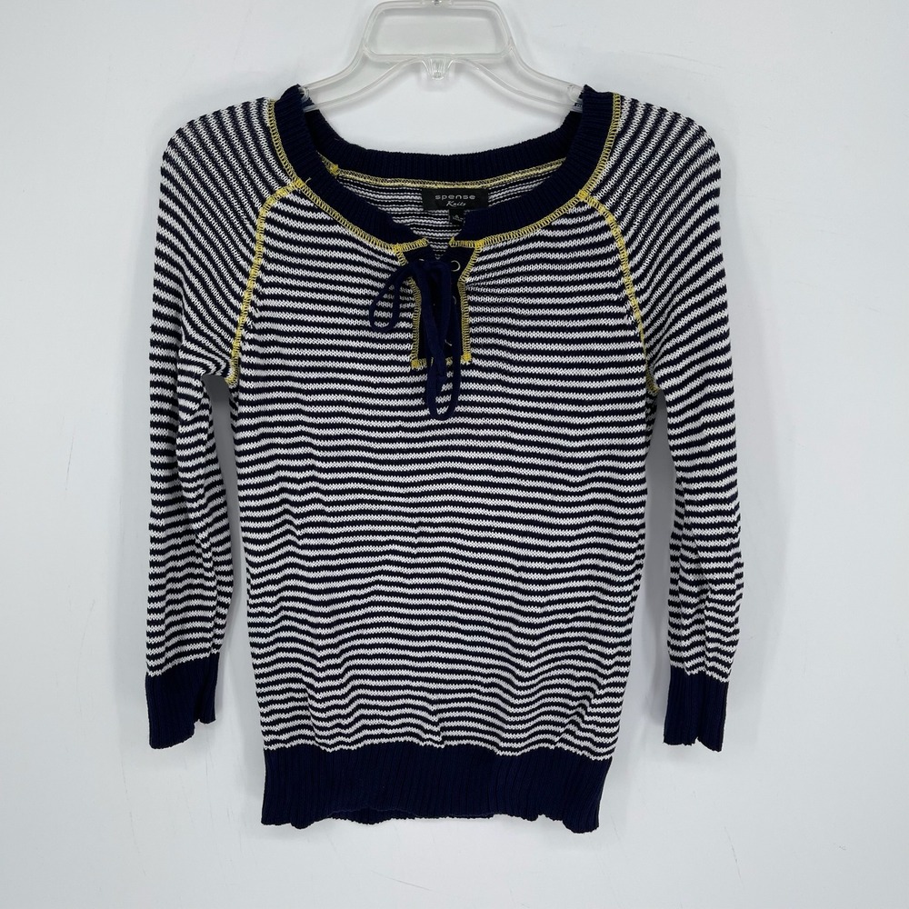 Spense Women's Navy Blue Striped Lace Up Knit Raglan Pullover Sweater Top Size S